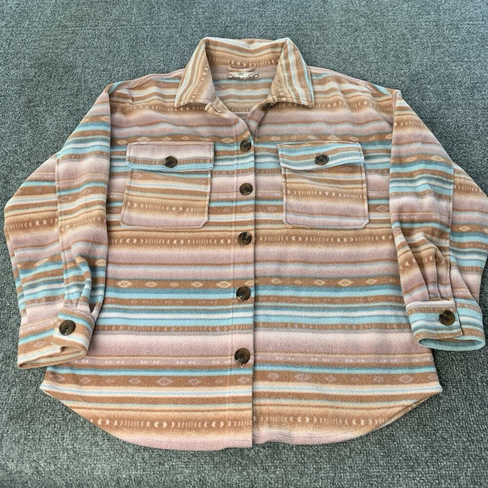 Pink Rose Fleece Shirt Women’s XL Aztec Geometric Pattern Button Up Brown Blue